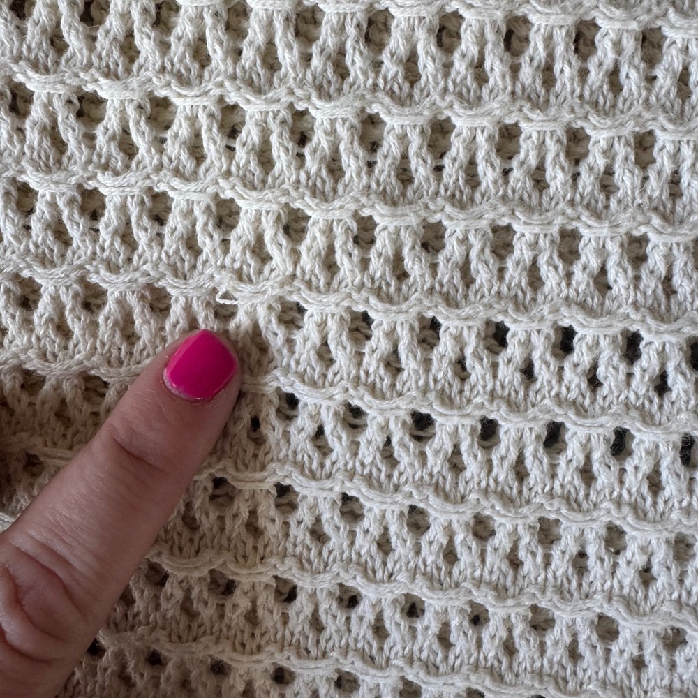 LOFT Women Cream Ivory Open Knit Crochet Sweater 3/4 Sleeve Crew Neck Large Flaw - Picture 4 of 9